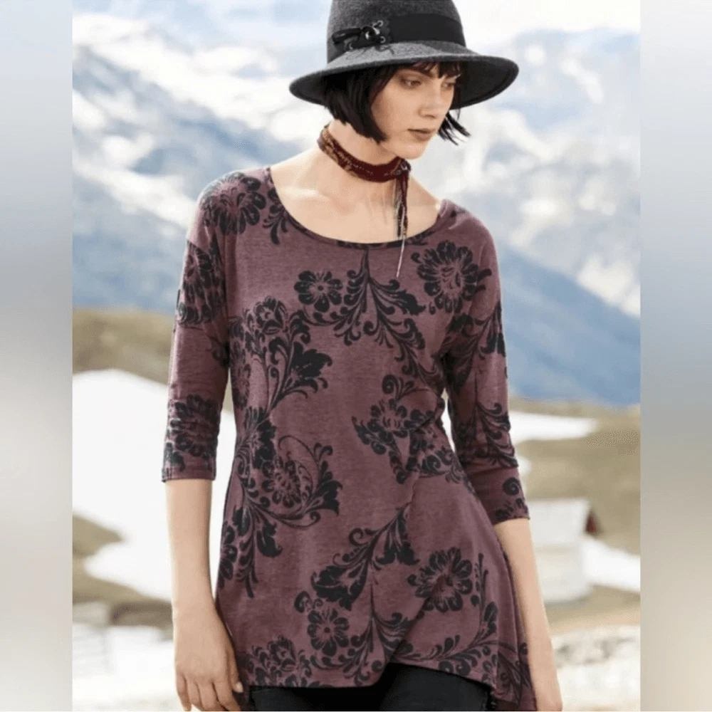 Peruvian Connection 3/4 Sleeve Floral Burnout Tunic Top Size Medium